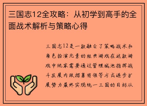三国志12全攻略：从初学到高手的全面战术解析与策略心得